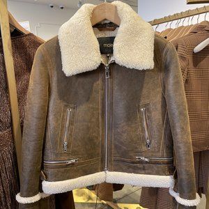 NWT Maje 120BARTONFINKO Leather and fur-effect jacket Brown Coats & Jackets EU36